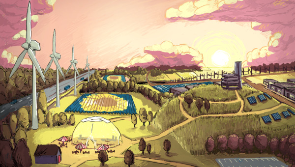 Illustratie van hoe het nieuwe energielandschap bij Nijmegen, met zonnepark de grift, eruit zou kunnen zien.