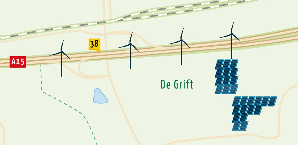 Plattegrond van Energielandschap De Grift met de locatie van windmolens en het zonnepark
