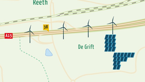 Plattegrond van Energielandschap De Grift met de locatie van windmolens en het zonnepark